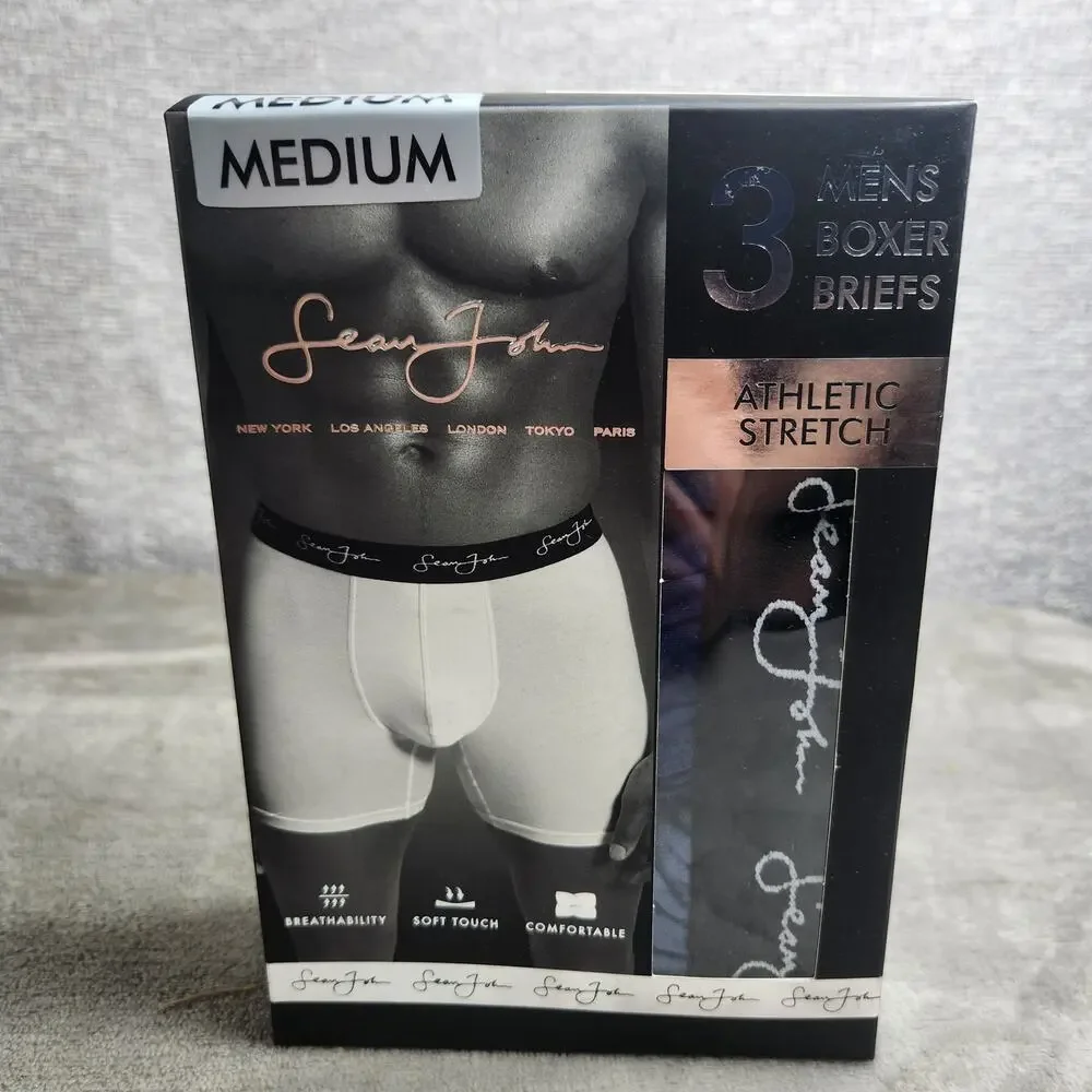 Sean John Men's 3 Pack Athletic Stretch Boxer Briefs Medium Blue Variety
